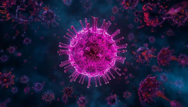 Glowing magenta virus particle with spike proteins floating in neon microscopic suspension