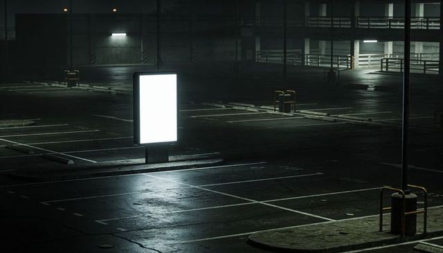 Glowing Lightbox Casting Reflections on Wet Asphalt in Empty Urban Parking Garage at Night