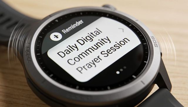 Vibrating smartwatch displaying daily digital prayer reminder sos bezel on wooden surface