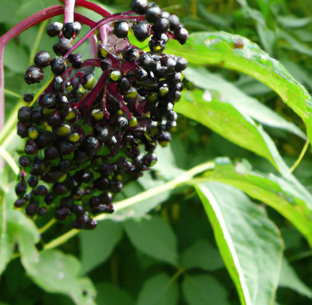 Image of close up of fresh black elderberries and leaves growing on tree. Plants, colour and nature concept.