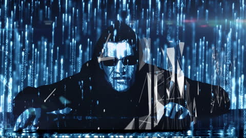Futuristic Hacker in Digital Data Matrix