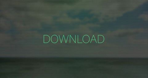 Glowing neon download text hovering over moody seascape with scan-line glitch and teal dusk tones