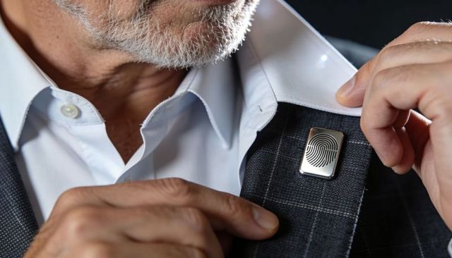 Adjusting lapel fingerprint biometric device on senior executive suit jacket, closeup