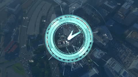 Futuristic Clock Animation Over Cityscape with Traffic Movement