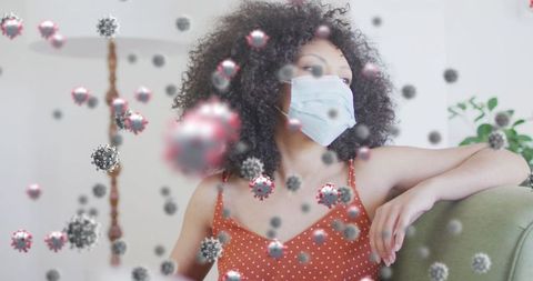 African American Woman Wearing Mask with Floating Virus Particles