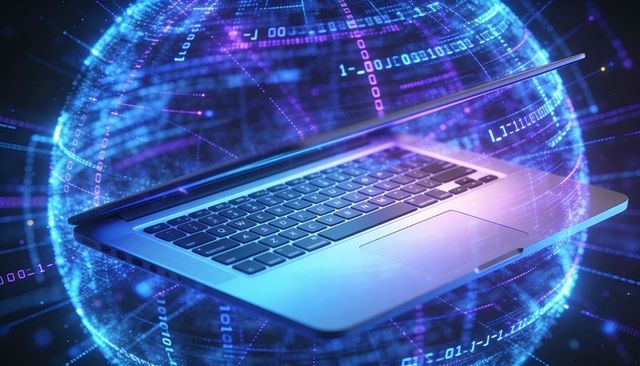 Silver Laptop Floating Inside Neon Binary Globe Representing Cybersecurity, Data Flow