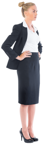 Transparent Confident Blonde Businesswoman Hands on Hips in Formal Attire