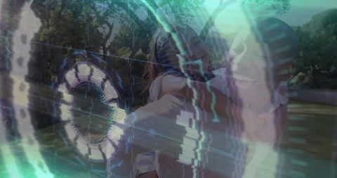 Father giving daughter piggyback in park with futuristic hud glitch overlay, joyful bonding