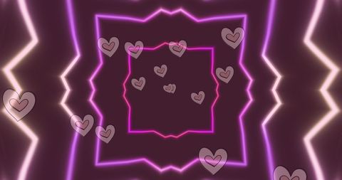 Neon Hearts and Geometric Shapes on Black Background