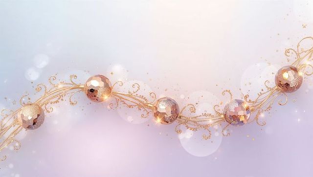 Shimmering rose-gold faceted orb garland with gold filigree and soft bokeh glow