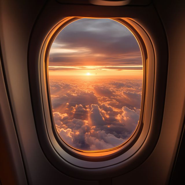 Mesmerizing sunset seen from airplane window showing vibrant colors above clouds, with rays of light filtering through. Perfect for travel websites, vacation planning materials, and inspirational or relaxation content emphasizing the beauty of flying.