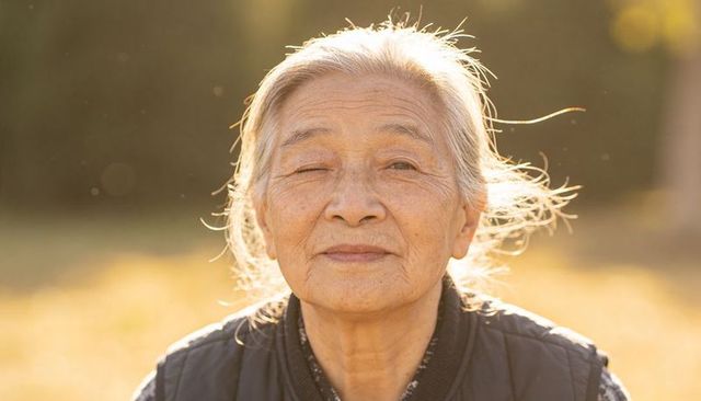 Sunlit senior asian woman smiling and squinting outdoors during golden hour backlit portrait