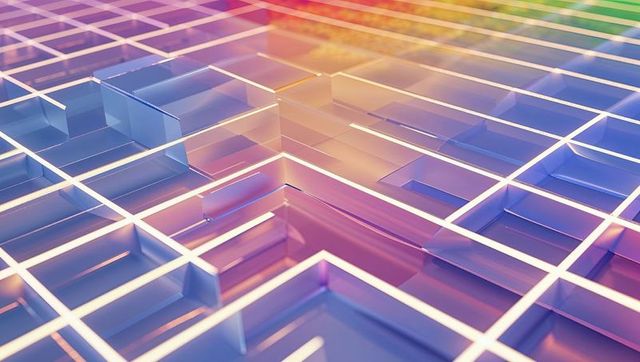 Futuristic neon grid with transparent prisms and blocks