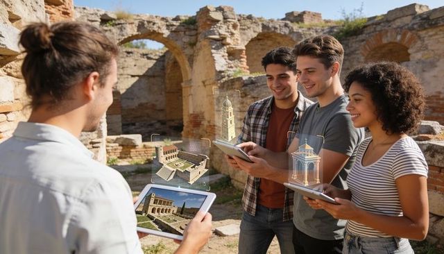 Students exploring roman ruins using augmented reality tablets with 3d holographic models