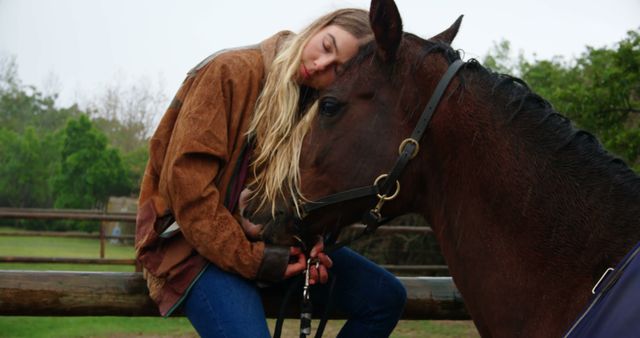 Woman Relaxing with Horse in Countryside - Download Free Stock Images Pikwizard.com