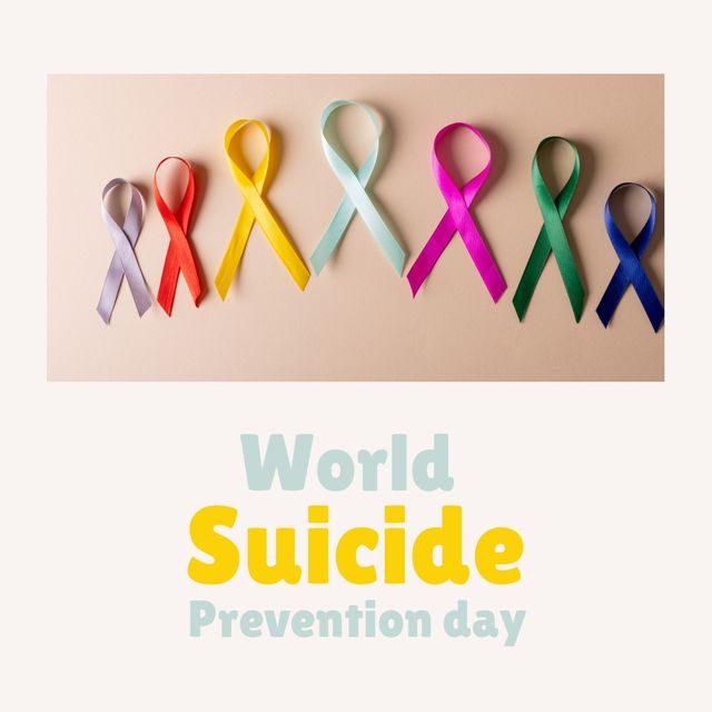 Composite of various colorful awareness ribbons and world suicide prevention day text, copy space. Mental health, depression, support, protection, healthcare, awareness and alertness concept.