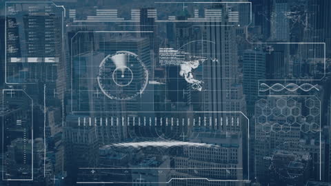 Futuristic Cityscape Overlay with Digital Data Interface Screen