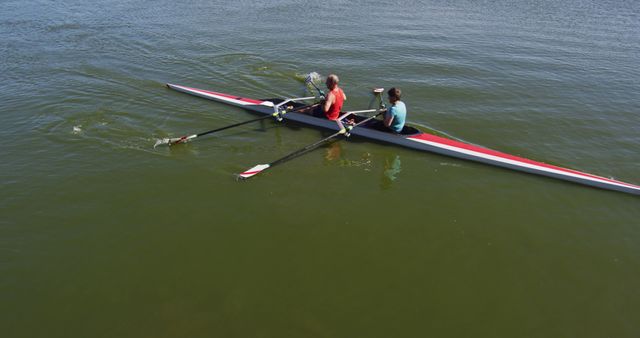 Two rowers in a double scull boat are rowing on a calm lake. They are working together, demonstrating synchronization and teamwork. This image is ideal for topics related to rowing, water sports, teamwork, outdoor activities, fitness, and healthy living.
