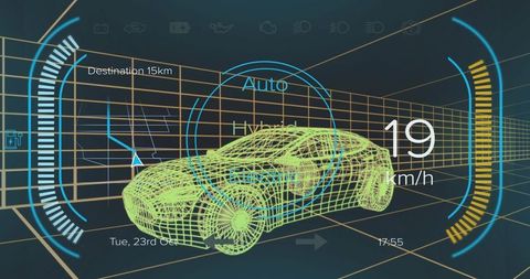 Futuristic Wireframe Car Model with Digital Interface Overlay