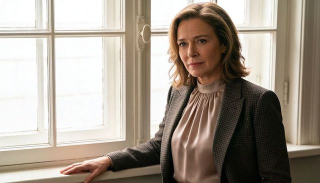 Gazing professional woman leaning on window sill wearing checked blazer and silk blouse