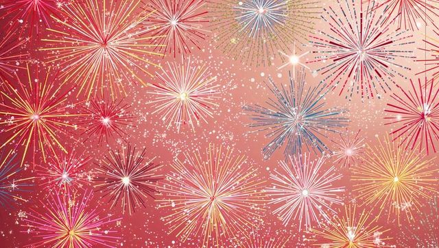 Bursting firework bursts on pink-red gradient scattering sparkles and flares