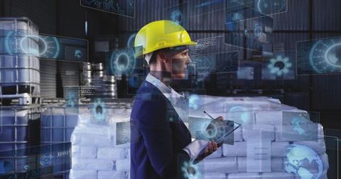 Warehouse manager reviewing stock with technology holographs