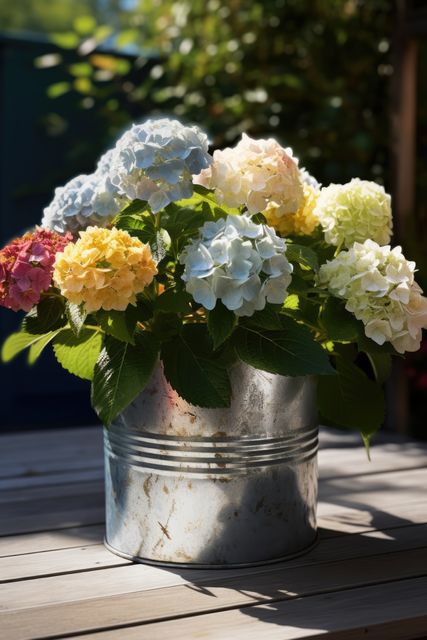 Colourful hydrangeas in metal planter in sunny garden, created using generative ai technology. Flowers, plants, growth, spring, nature and gardening concept digitally generated image.