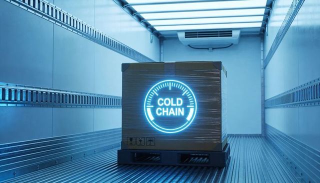 Cold chain pallet sitting in refrigerated truck with glowing neon cold chain label