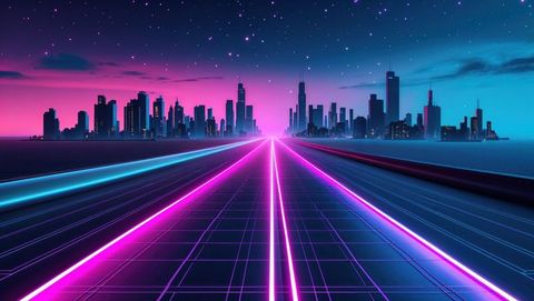 Futuristic cyberpunk cityscape with neon highway and skyscrapers