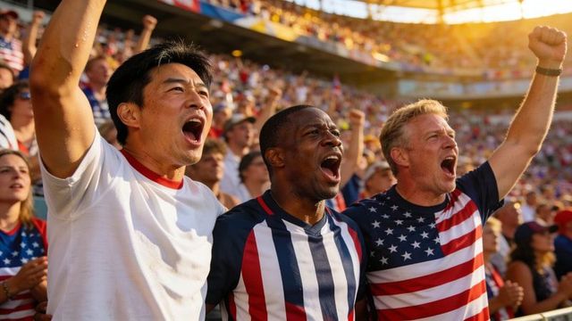 Cheering american soccer fans shouting and raising arms in packed stadium, patriotic trio