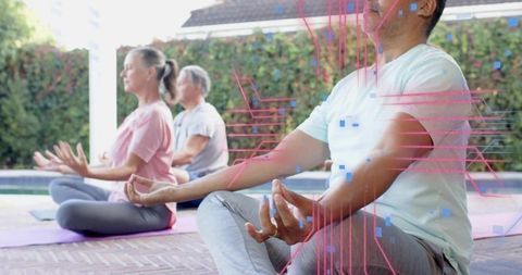 Group meditating on backyard pool patio with magenta tech overlay for mindfulness wellness