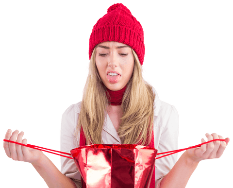 Transparent gift reveal disappointment expression wearing red knitted hat