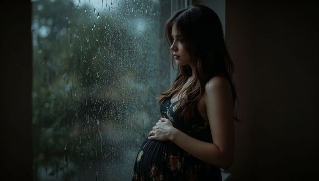 Pregnant woman gazing out rainy window cradling belly in floral dress