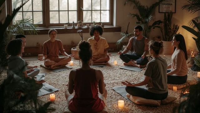 Evening group meditation circle in cozy studio with candles and indoor plants for mindfulness