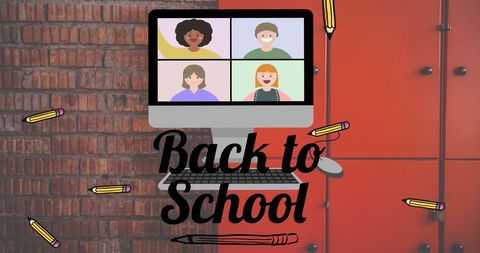 Back to school virtual learning concept with diverse students