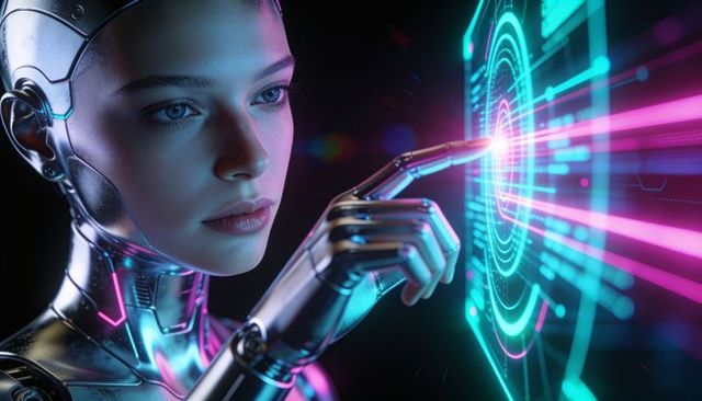 Female android touching holographic interface neon cybernetic ai interaction futuristic hud