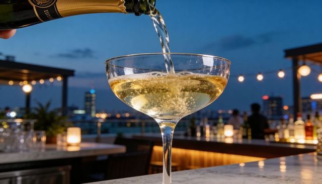 Champagne pouring into coupe glass on rooftop bar at dusk with city skyline and string lights