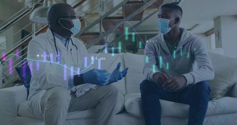 Doctor and patient discussing telehealth consultation with virtual health data overlay