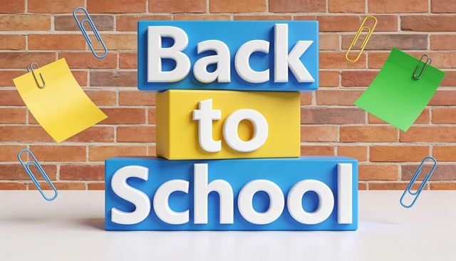 Back to school block stack featuring colorful sticky notes, paperclips and brick wall