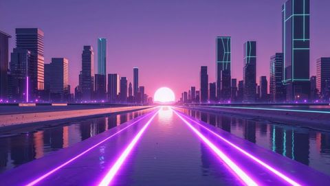 Futuristic city with neon-lit reflection and glowing sun
