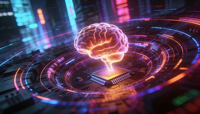 Holographic brain connecting to neural processor on neon circuit board with data rings