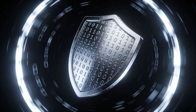 Shielding digital systems with binary chrome shield, luminous rings, futuristic security