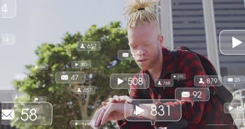 Albino Man Engaging with Social Media Data in Urban Environment