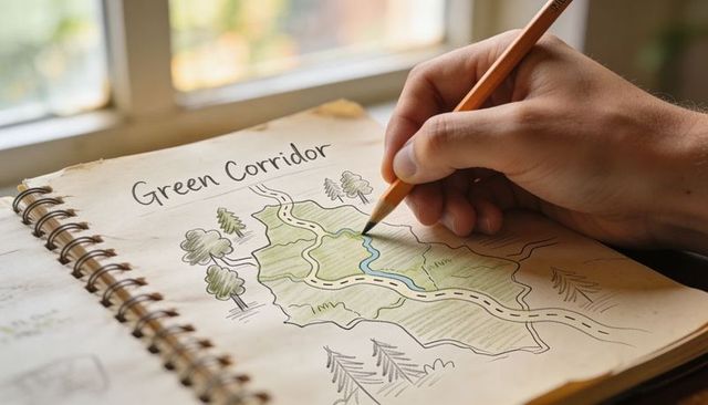 Sketching green corridor map with pencil on spiral notebook by window