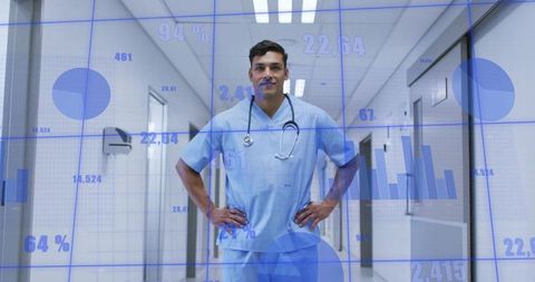 Confident Doctor in Hospital Surrounded by Data Graphics