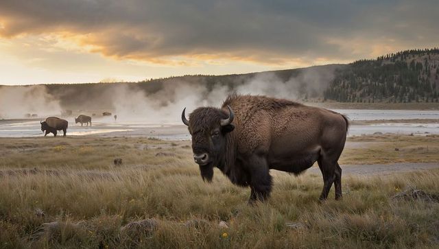 American bison standing on misty thermal plain at sunrise golden light