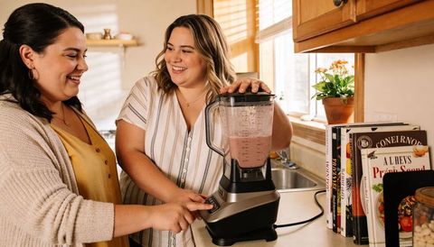 Friends blending smoothie together in sunlit kitchen laughing and sharing recipe