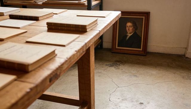 Vintage archival worktable with stacked ledgers, framed portrait and empty concrete floor