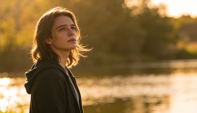Young man standing lakeside gazing at golden hour sunset for introspective youth mood