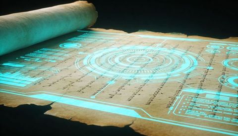 Ancient parchment with futuristic cyan hud overlay showing circular data interface